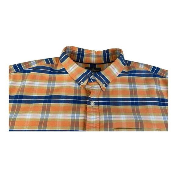 LL Bean Shirt Mens Large Slim Fit Orange Blue Plaid Bean Signature Button Up - Picture 11 of 13